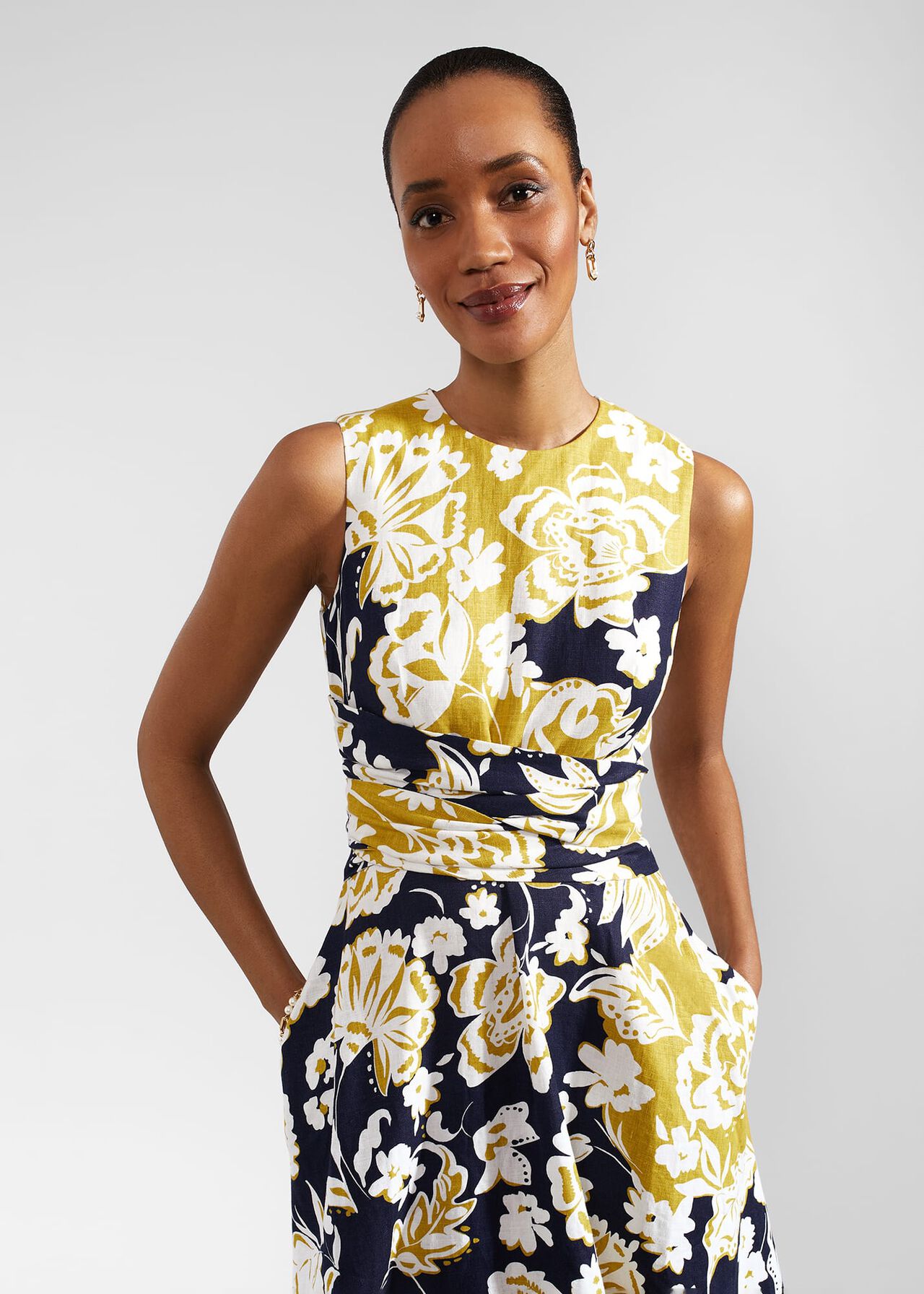 Twitchill Linen Dress, Navy Yellow, hi-res