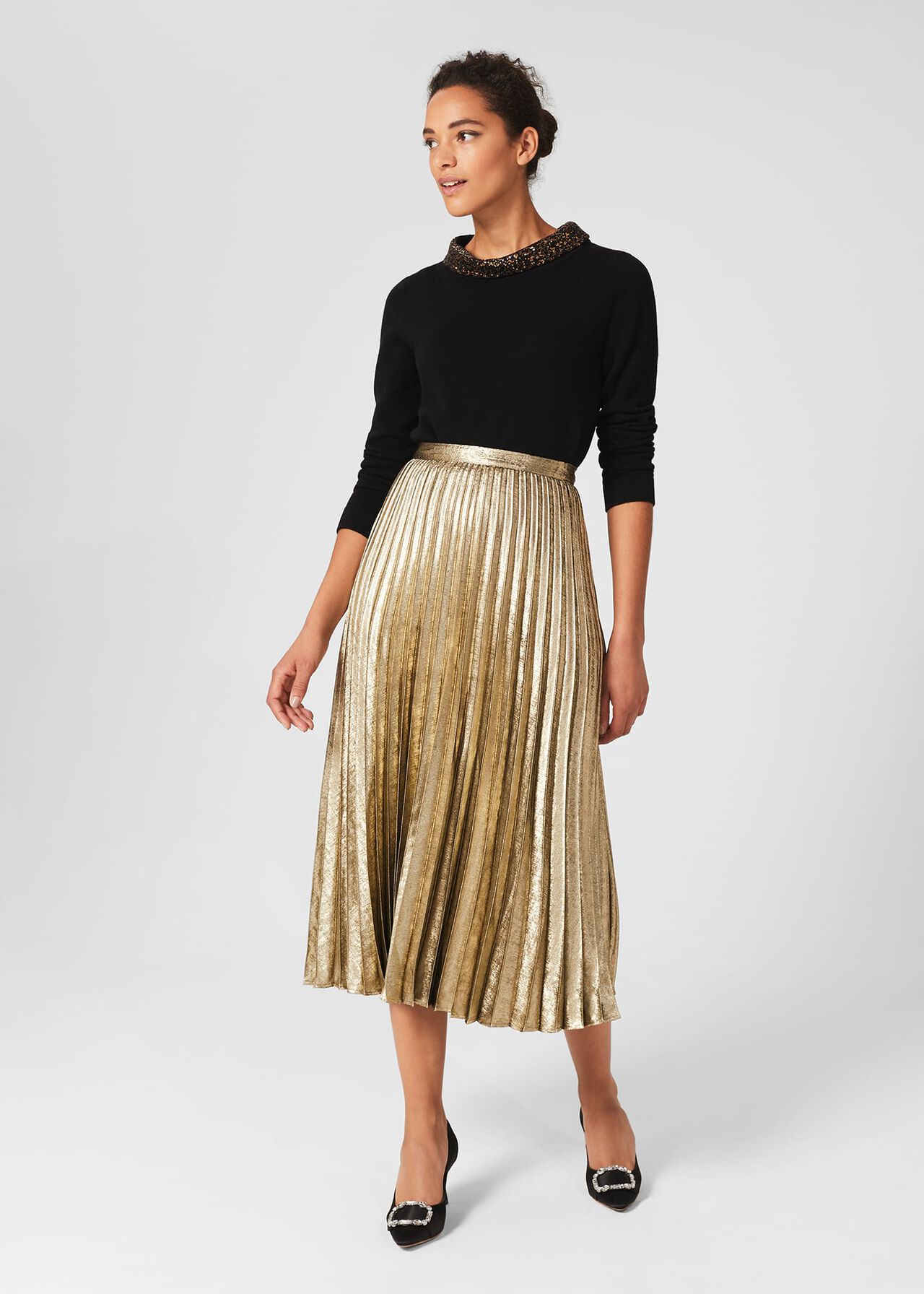 Annabella Midi Pleated Skirt, Gold, hi-res