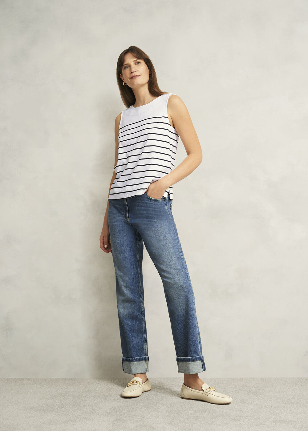 Maddy Cotton Striped Top, White Navy, hi-res