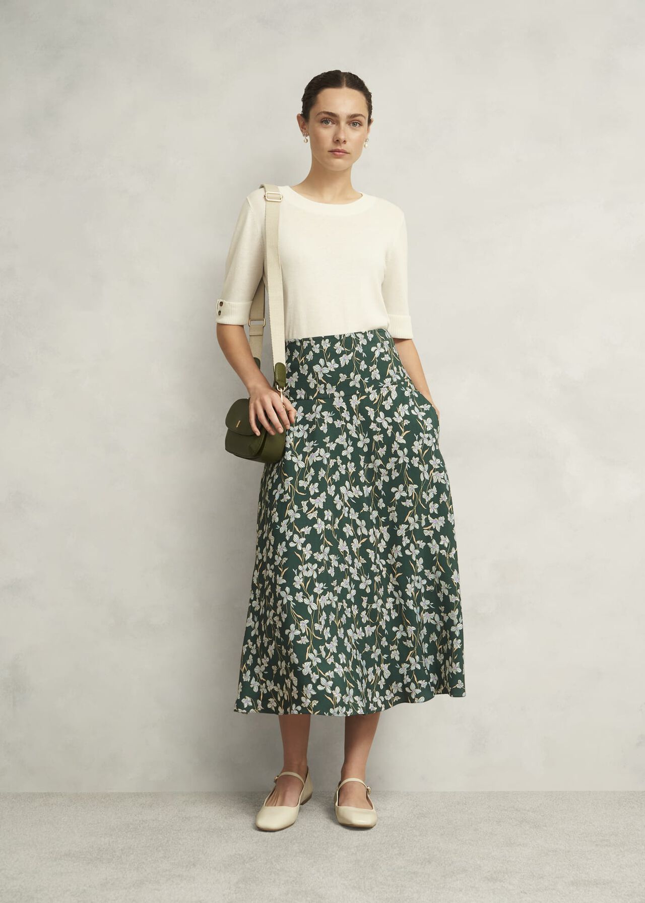 Dark Green Floral Kiara Midi Skirt, Green Multi, hi-res