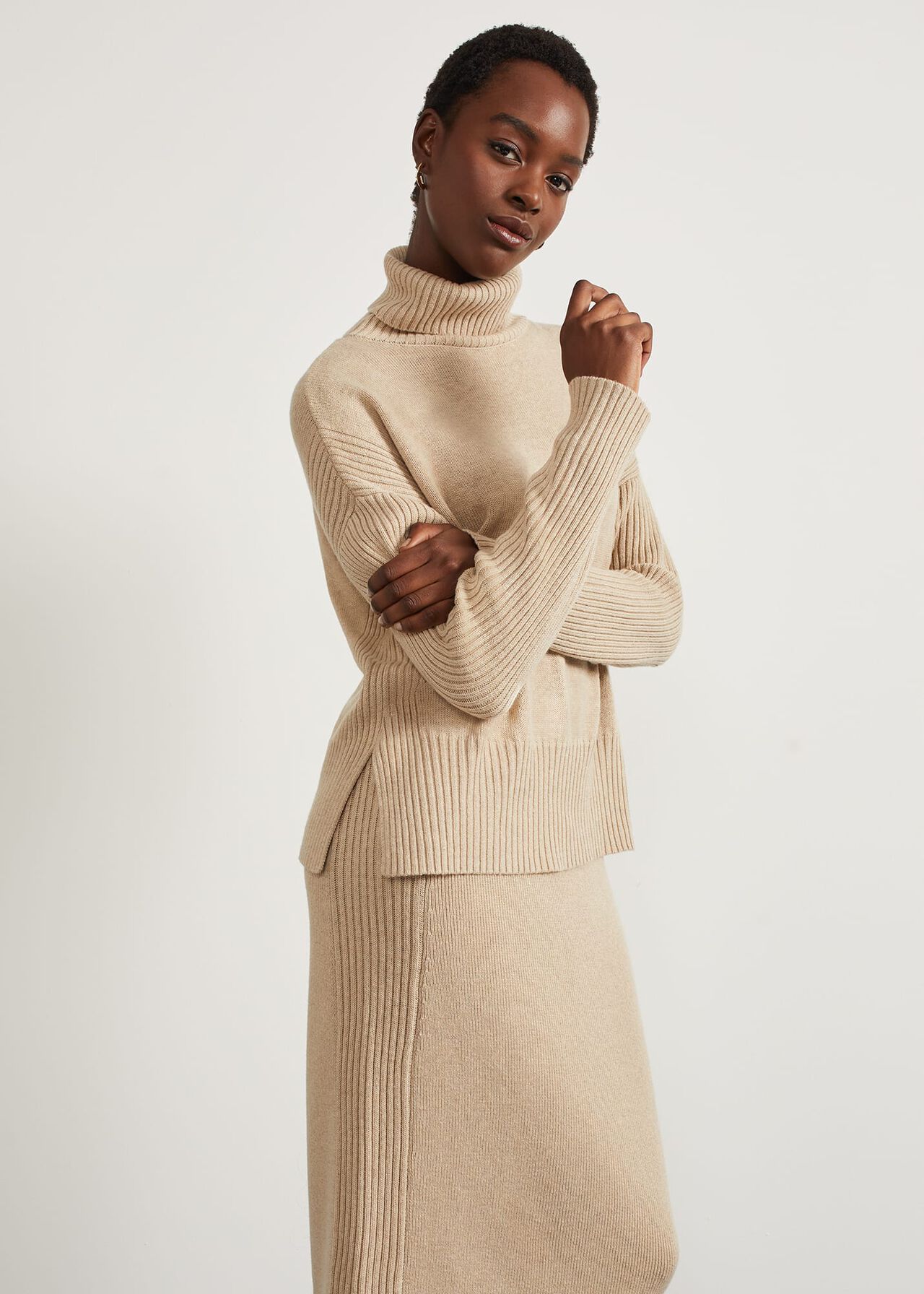 Lovell Co-Ord Wool Cotton Roll Neck Sweater, Oatmeal Marl, hi-res