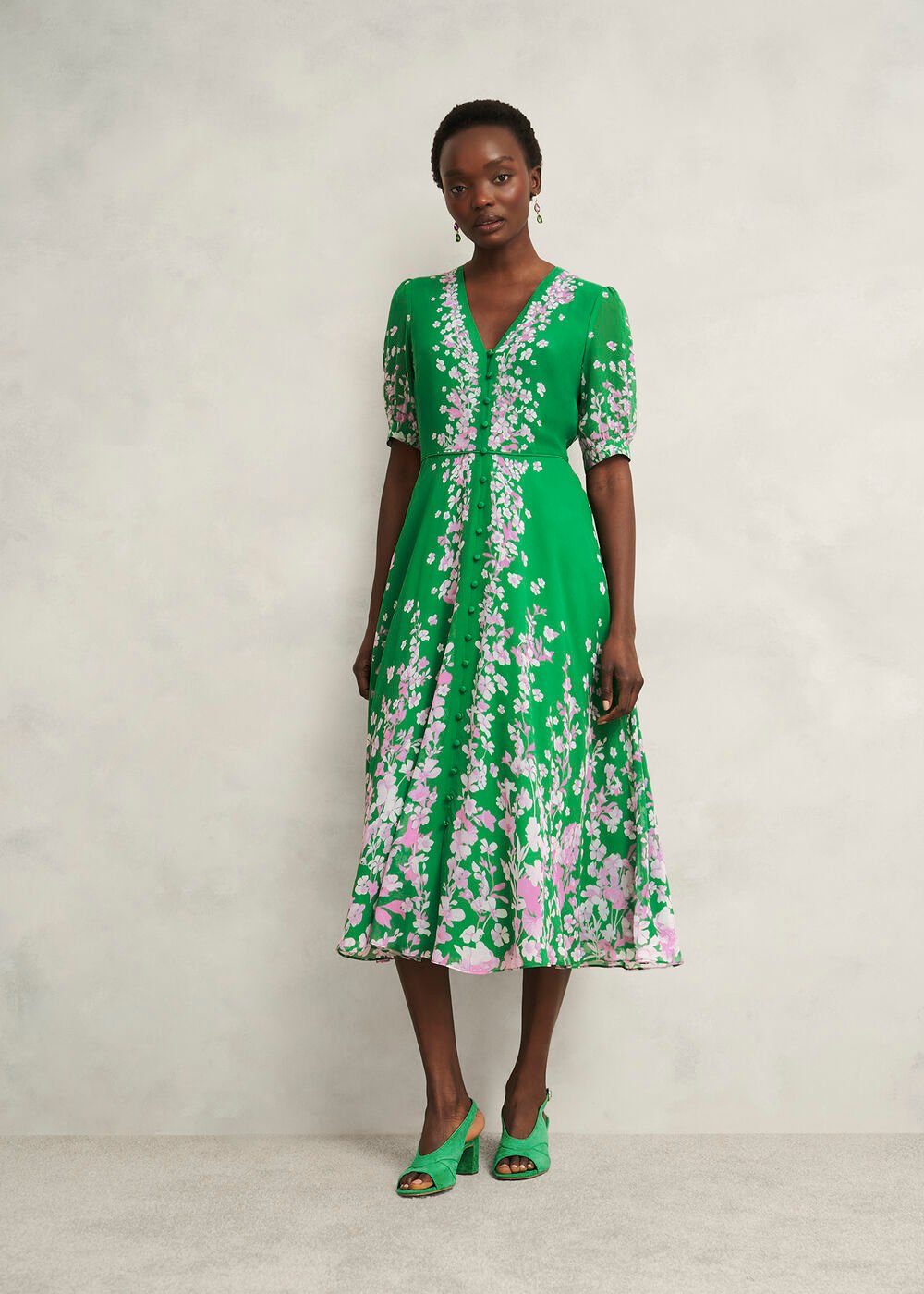 Petite Ana Silk Floral Dress, Green Pink, hi-res