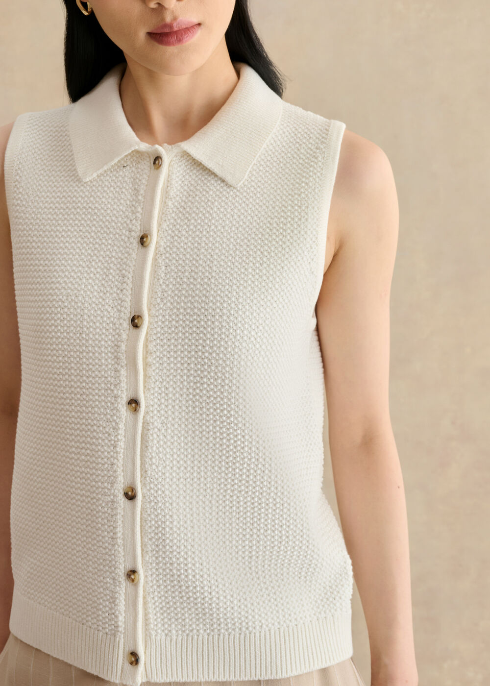 Seaton Cotton Collared Crotchet Tank, Ivory, hi-res