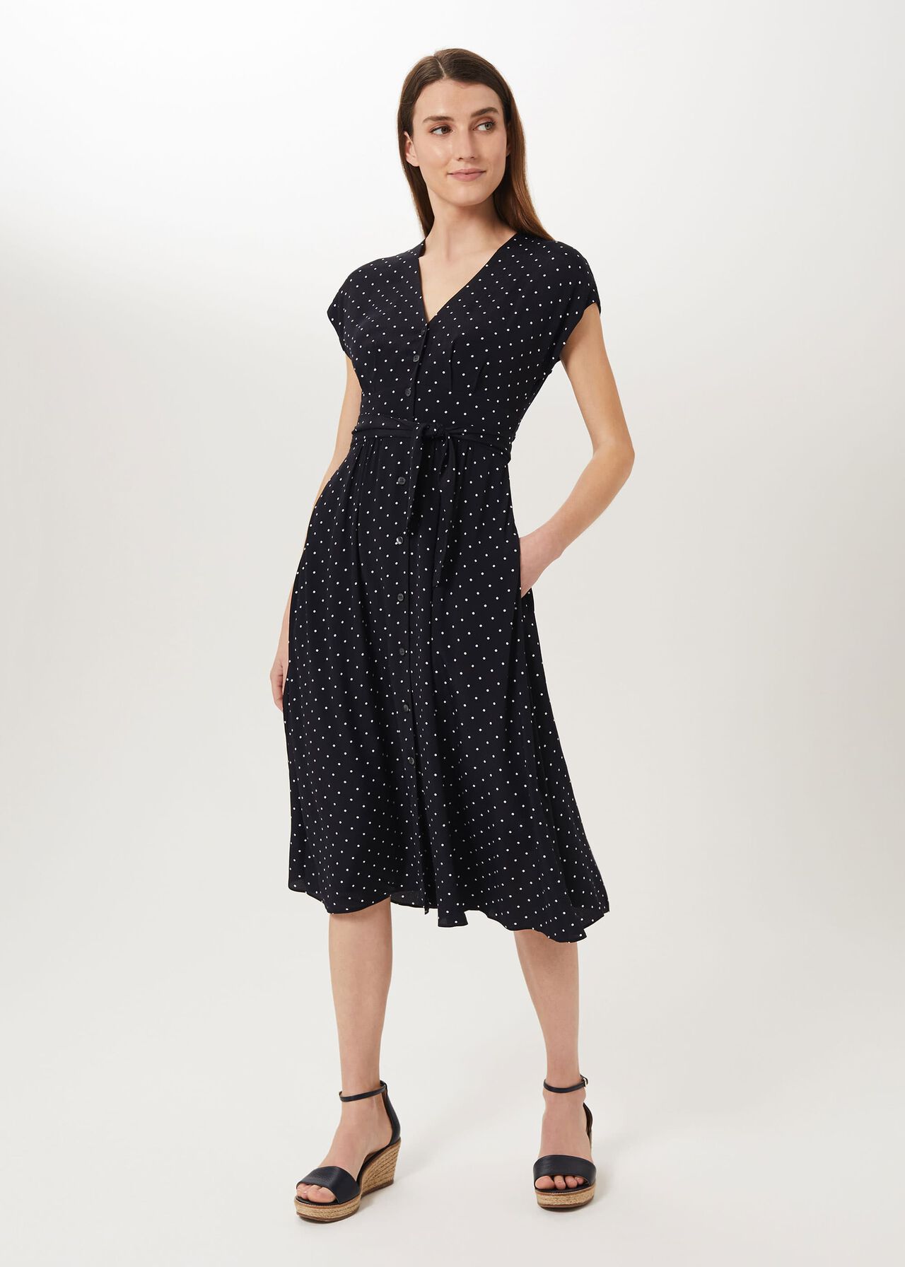 Magnolia Spot Midi Dress, Navy Ivory, hi-res