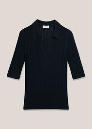 Blair Pointelle Knitted Polo Top, Hobbs Navy, hi-res