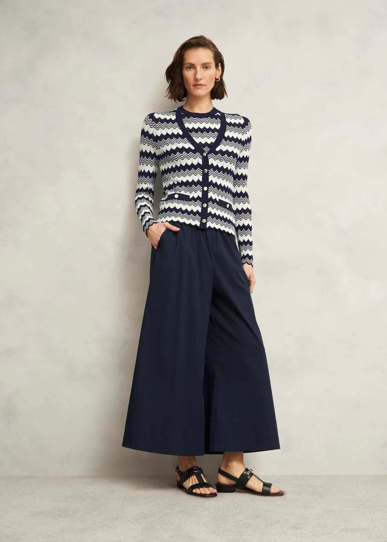Navy Osterley Chevron Stripe V Neck Knitted Cardigan, Navy Ivory, hi-res