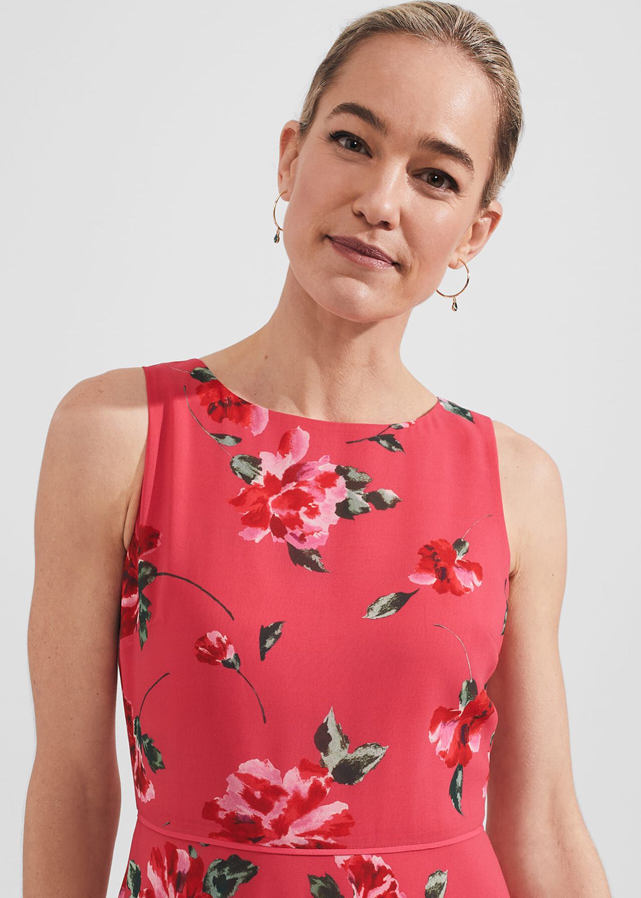 Carly Floral Midi Dress, Pink Red Multi, hi-res