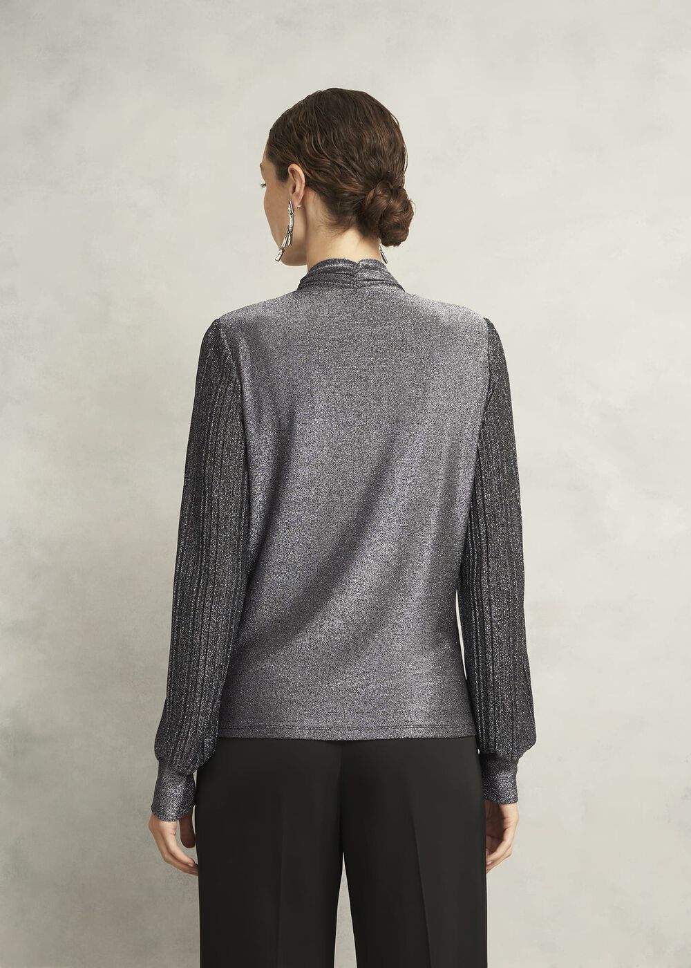 Silver Metallic Ashley Pleat Sleeve Twist Neck Top, Silver, hi-res