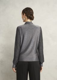 Silver Metallic Ashley Pleat Sleeve Twist Neck Top, Silver, hi-res