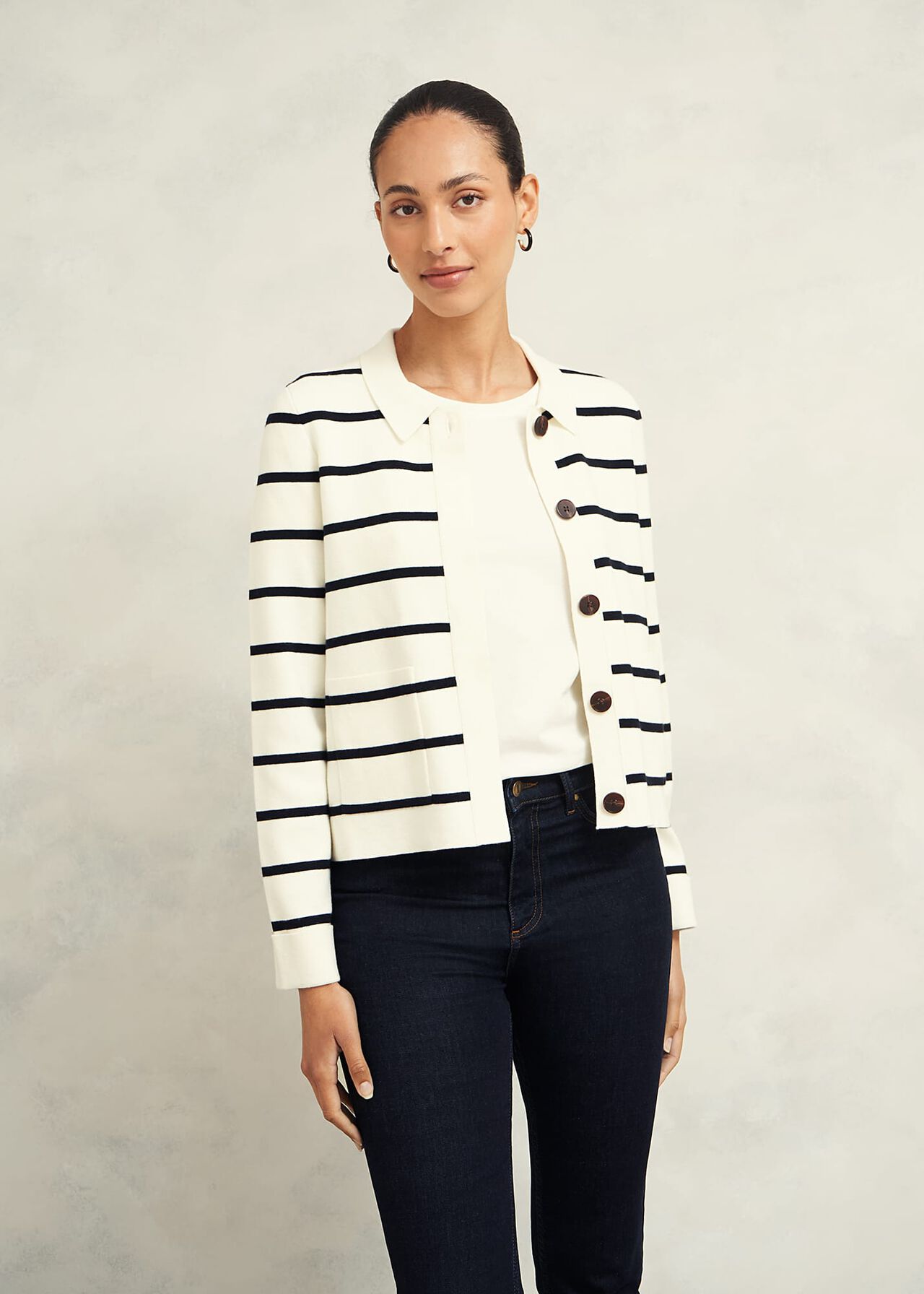Ellie Cotton Wool Knitted Jacket, Ivory Navy, hi-res