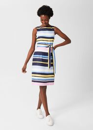 Jaci Belted Linen Dress, Navy Multi, hi-res