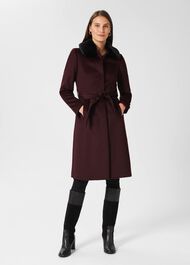Edeline Wool Coat With Faux Fur Collar, Wine, hi-res