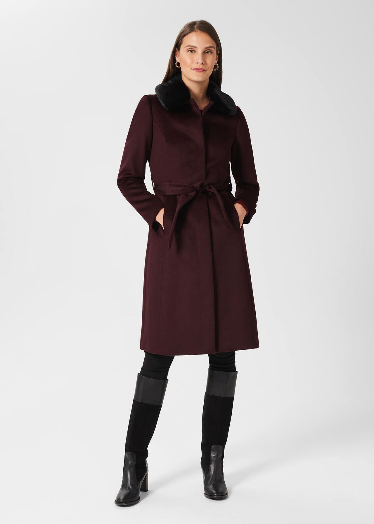 Edeline Wool Coat With Faux Fur Collar, Wine, hi-res