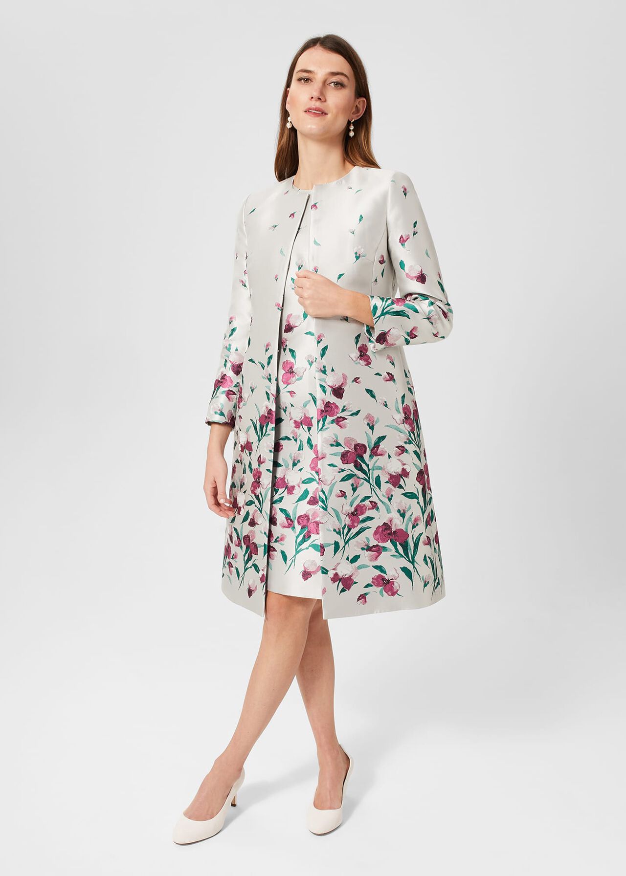 Gwen Floral Jacquard Coat, Oyster Multi, hi-res