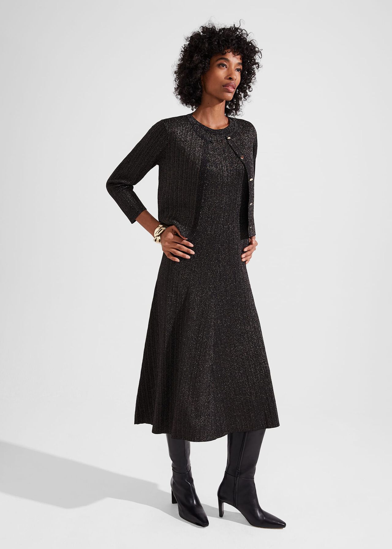 Reena Sparkle Ribbed Knitted Dress, Black Gold, hi-res