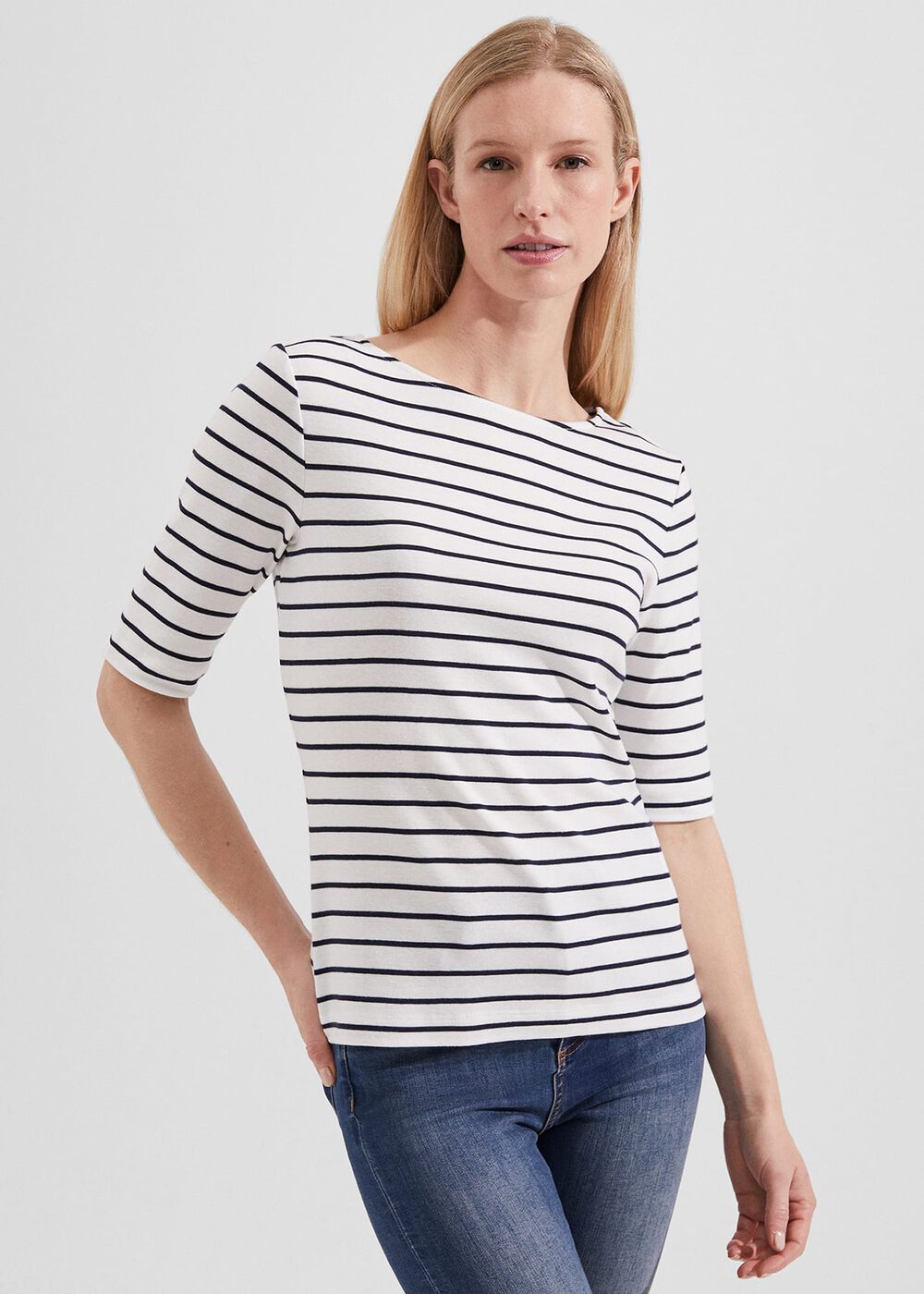 Katie Cotton Button Back Top, Ivory Hobbsnavy, hi-res