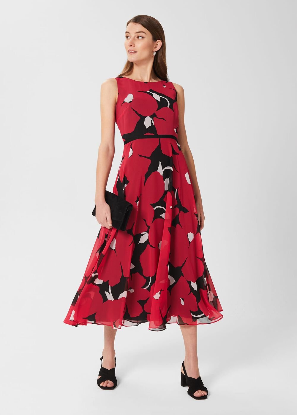 Carly Floral Midi Dress, Black Pink, hi-res