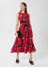 Carly Floral Midi Dress, Black Pink, hi-res