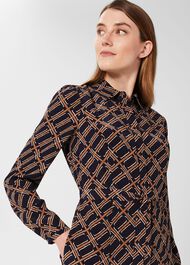 Savannah Belted Fit And Flare Dress , Navy Multi, hi-res
