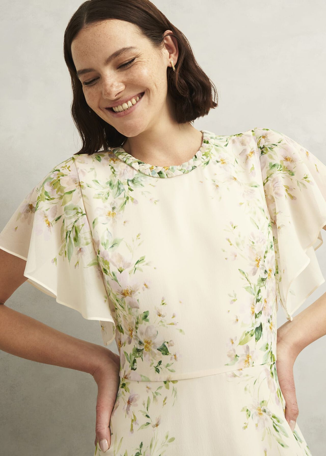 Petite Kim Plait Neck Floral Silk Dress , Cream Multi, hi-res