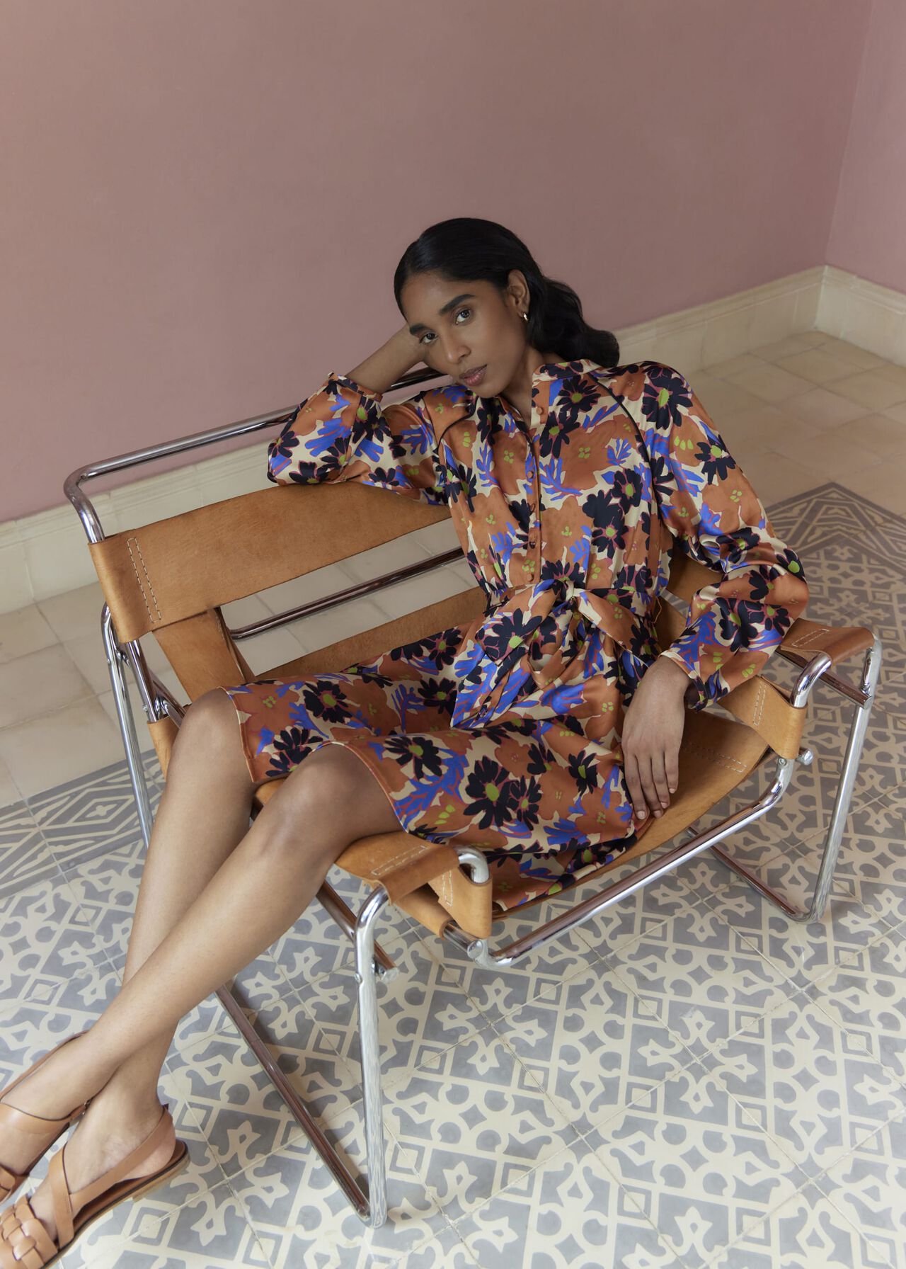 Coworth Floral Tie-Waist Mini Dress, Beige Multi, hi-res