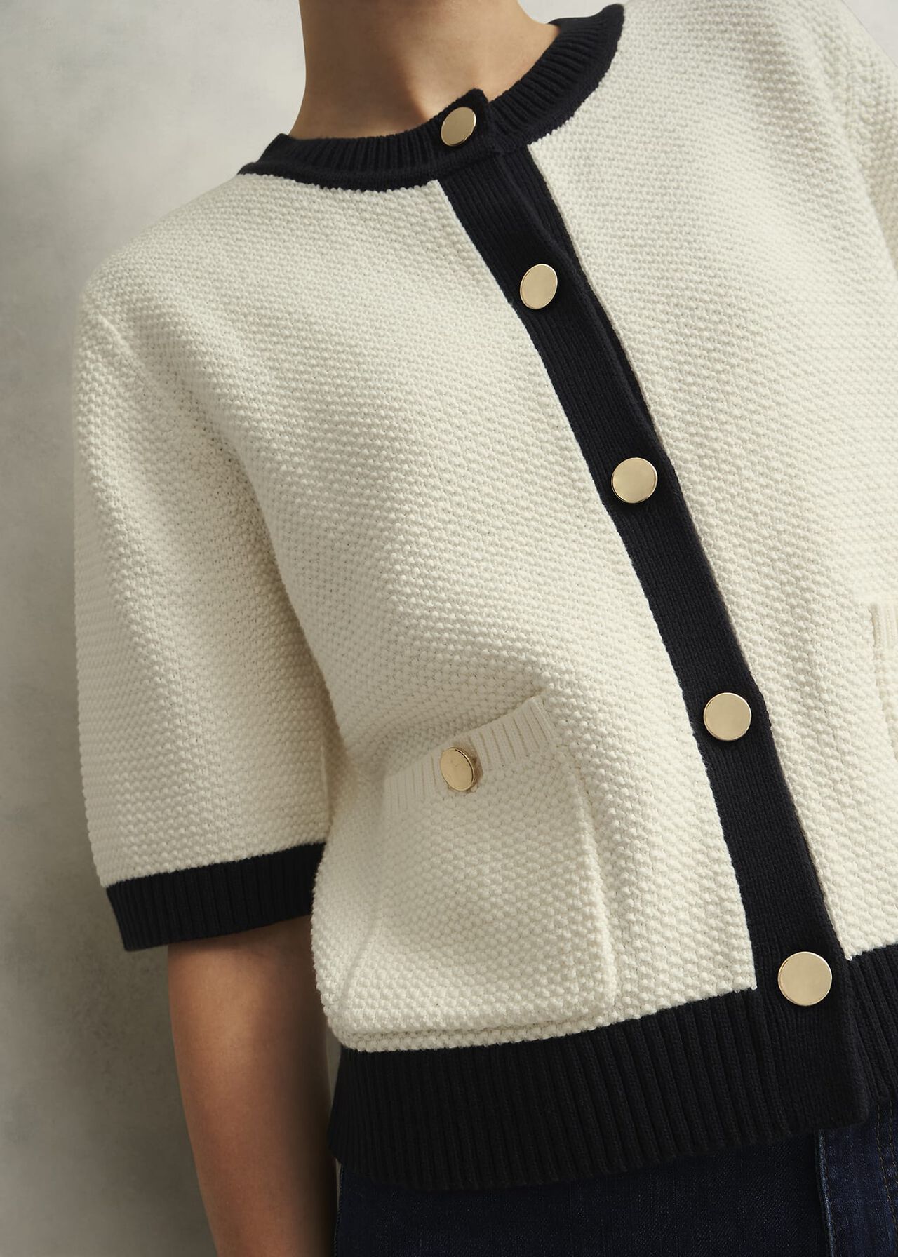 Emily Cotton Cardigan, Ivory Navy, hi-res