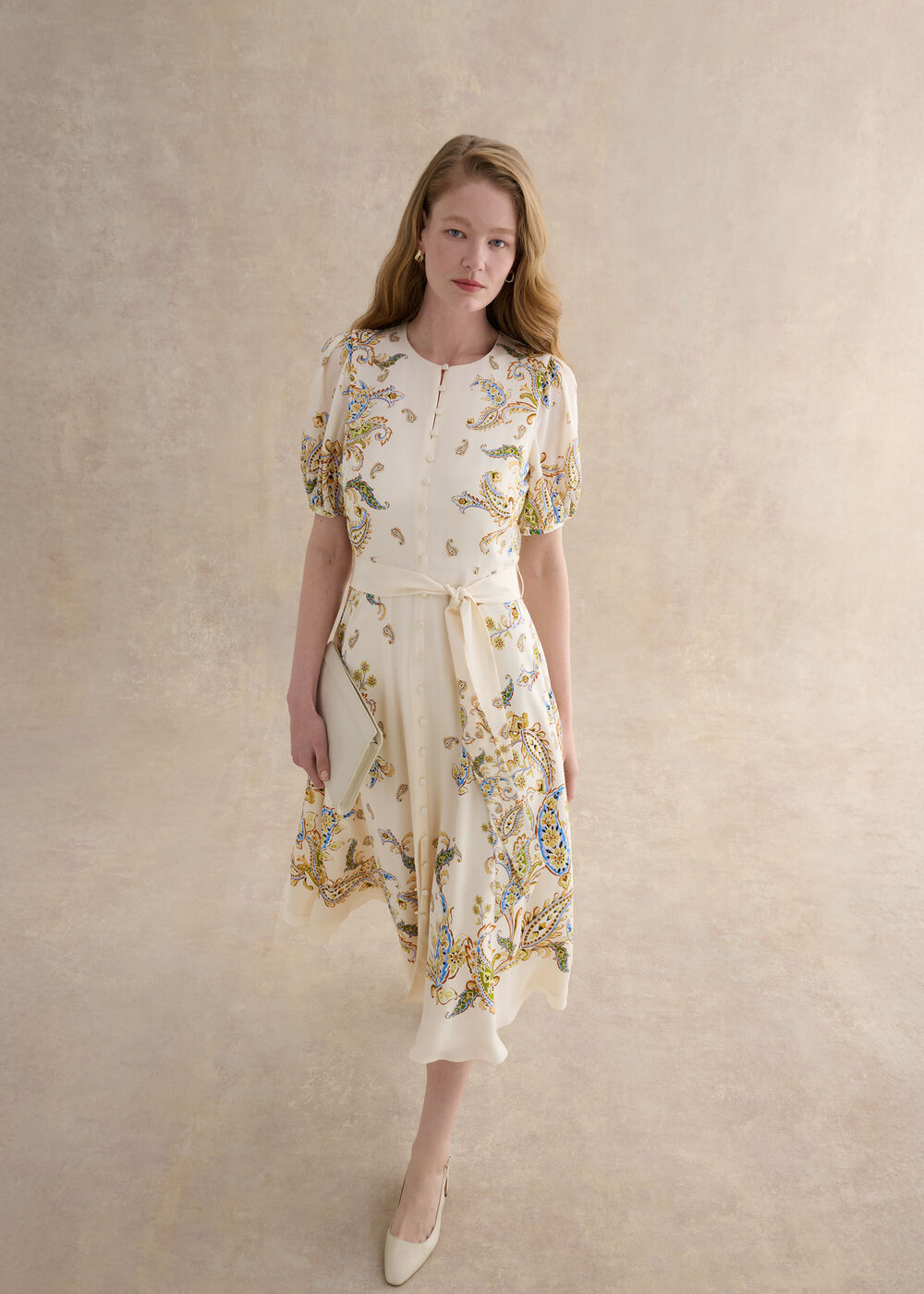 Alma Paisley Silk Dress, Cream Multi, hi-res