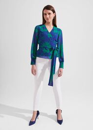 Elizabeth Printed Wrap Blouse, Blue Green, hi-res
