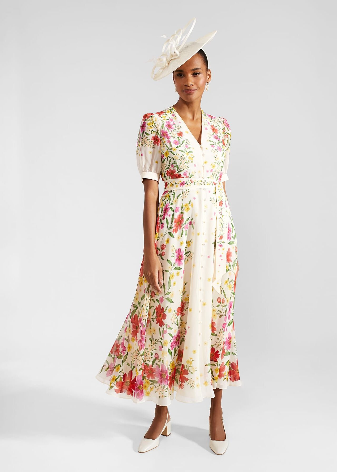 Aurelia Floral Silk Dress, Cream Multi, hi-res