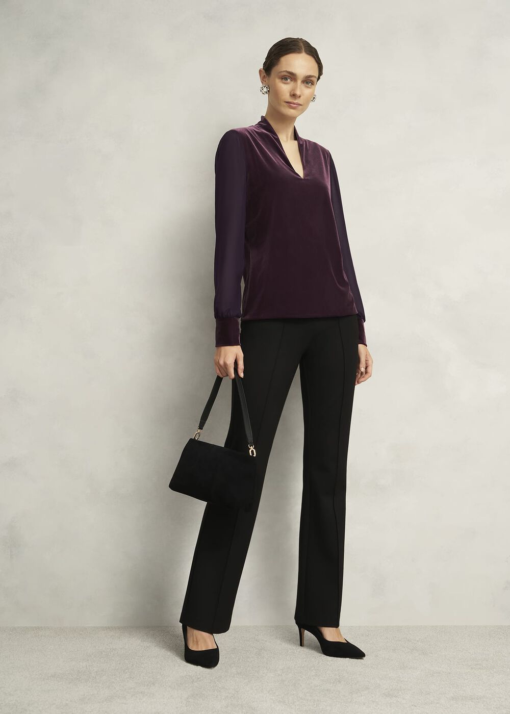 Aimee Velvet V Neck 3/4 Sleeve Top, Malbec Purple, hi-res