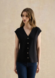Hayley Button Front Top, Black, hi-res
