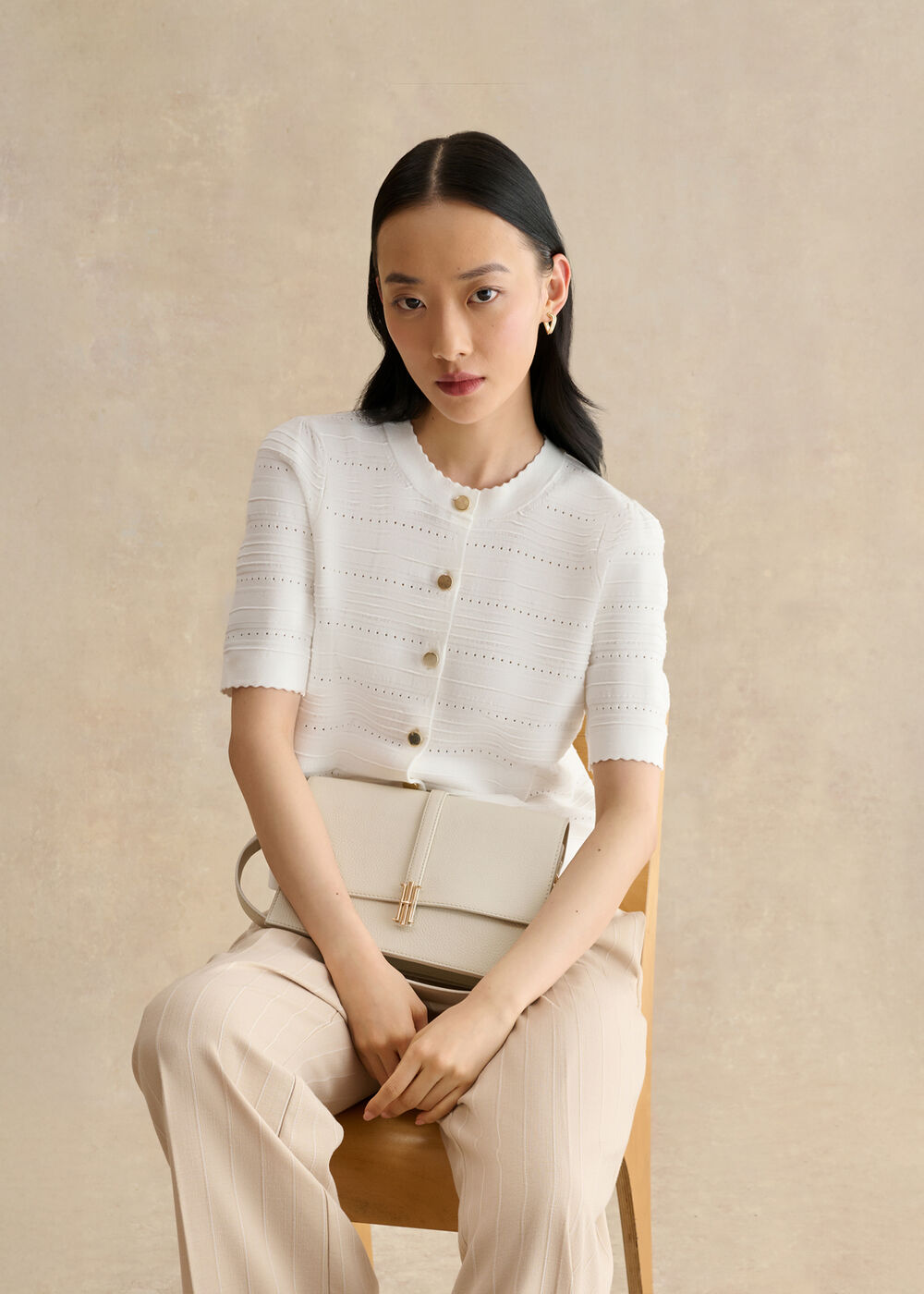 Mimi Pointelle Short Sleeve Cardigan , Ivory, hi-res