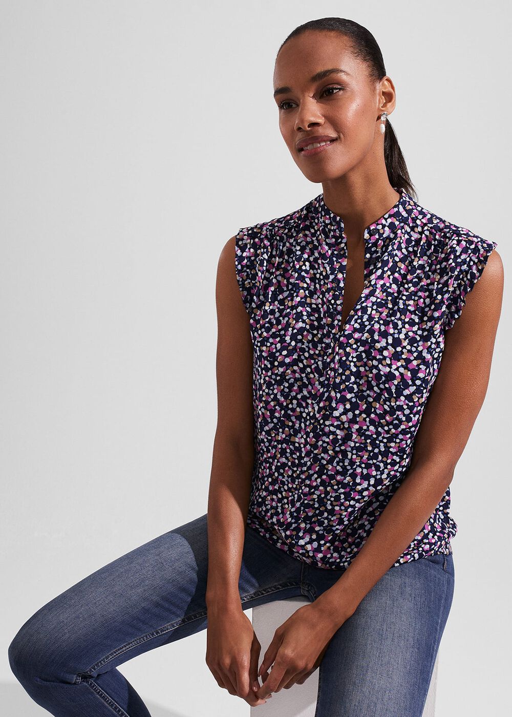 Elida Capped Sleeve Top, Navy Multi, hi-res