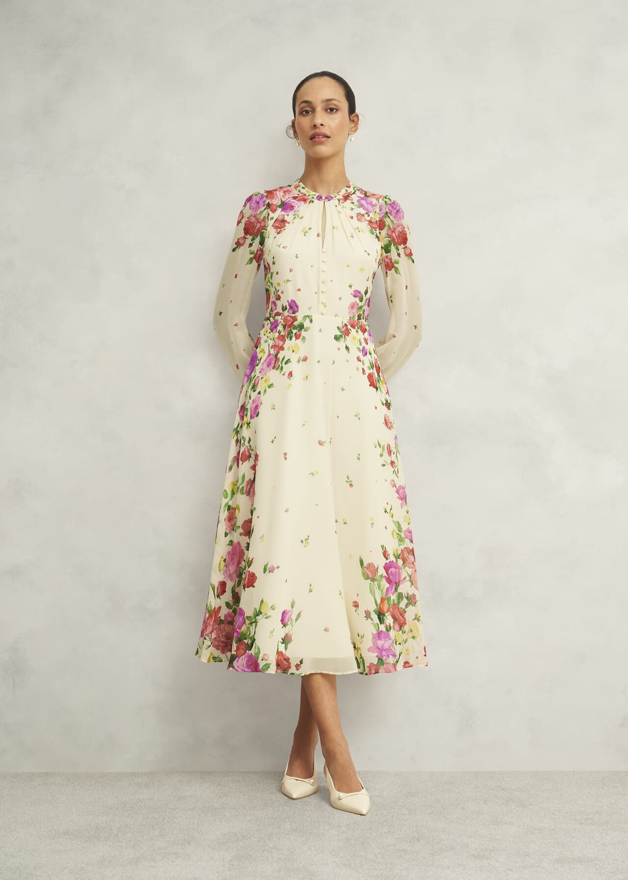 Eva Floral Silk Dress, Cream Multi, hi-res