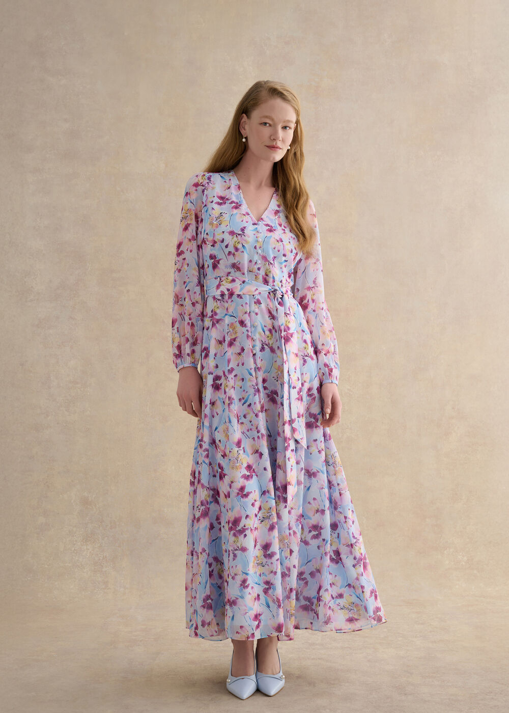 Thea Tie Belted Dress, Pale Blue Multi, hi-res