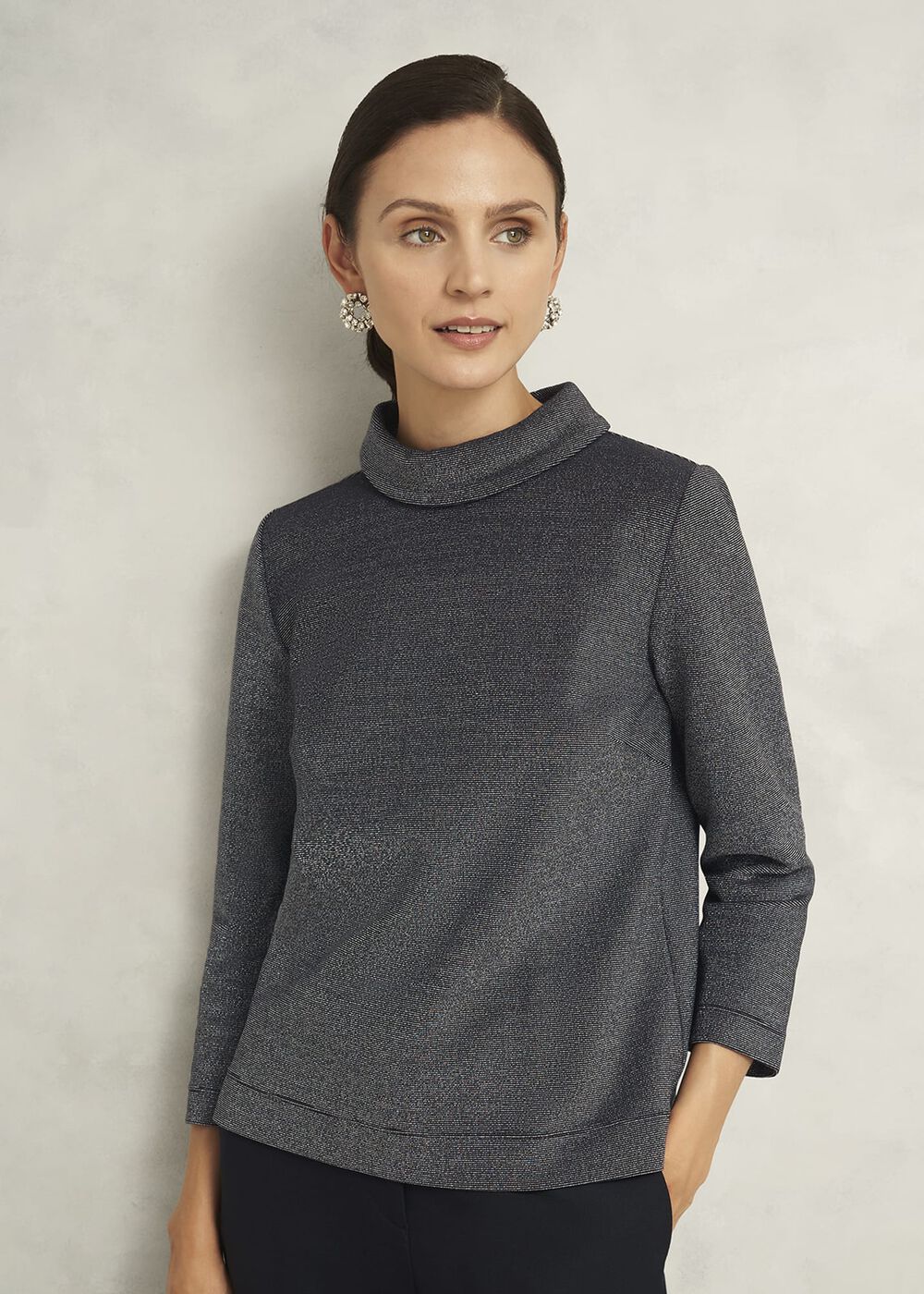 Tali Sparkle 3/4 Sleeve Roll Neck Top, Navy Silver, hi-res