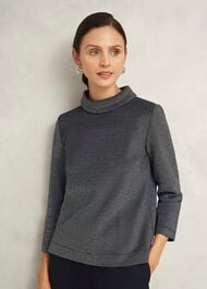Tali Sparkle 3/4 Sleeve Roll Neck Top, Navy Silver, hi-res
