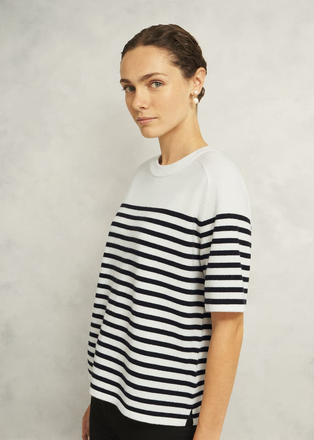 Ivory Demi Wool Blend Short Sleeve Knitted T-Shirt, Ivory Navy, hi-res
