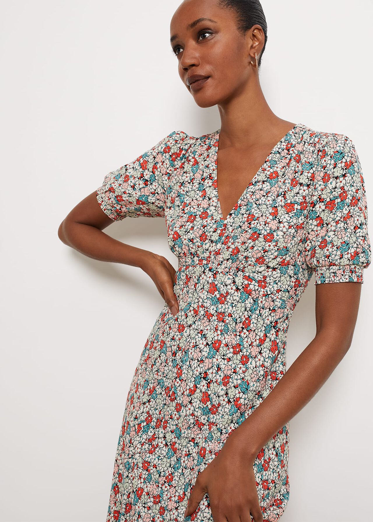 Dormer Floral Fit And Flare Dress, Green Red Multi, hi-res