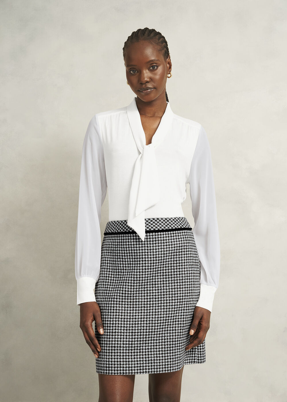 Ivory Tarini Tie Neck Long Sleeve Top, Ivory, hi-res