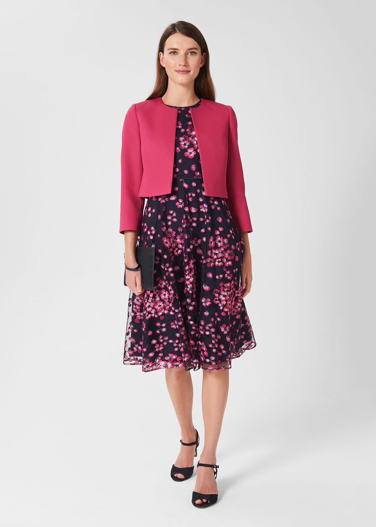 Tia Floral Embroidered Dress, Navy Pink, hi-res