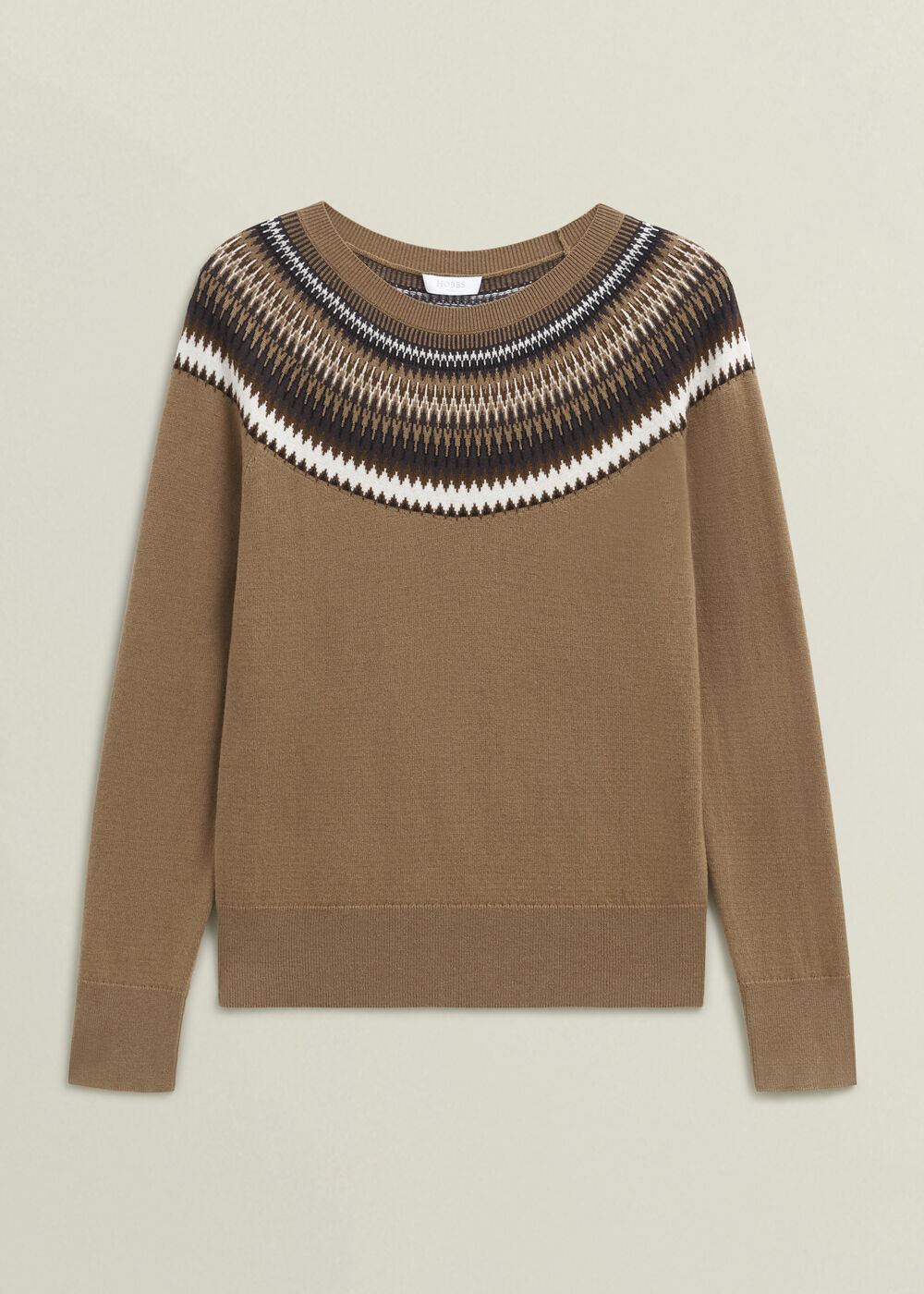 Camel Greta Wool Blend Fairisle Crew Neck Knitted Jumper, Camel Marl, hi-res