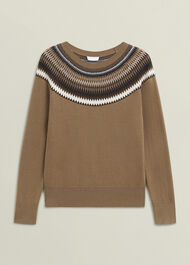 Camel Greta Wool Blend Fairisle Crew Neck Knitted Jumper, Camel Marl, hi-res