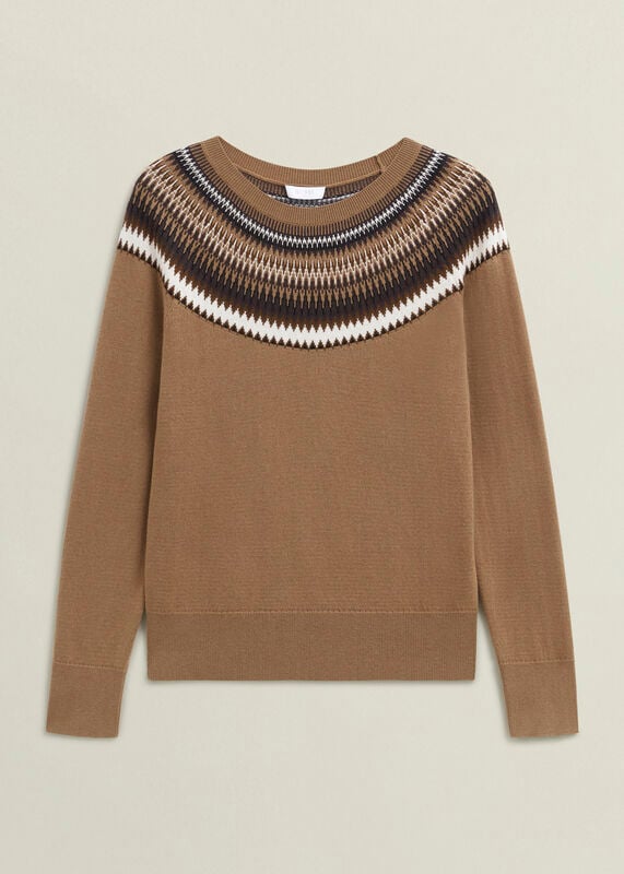 Camel Greta Wool Blend Fairisle Crew Neck Knitted Jumper