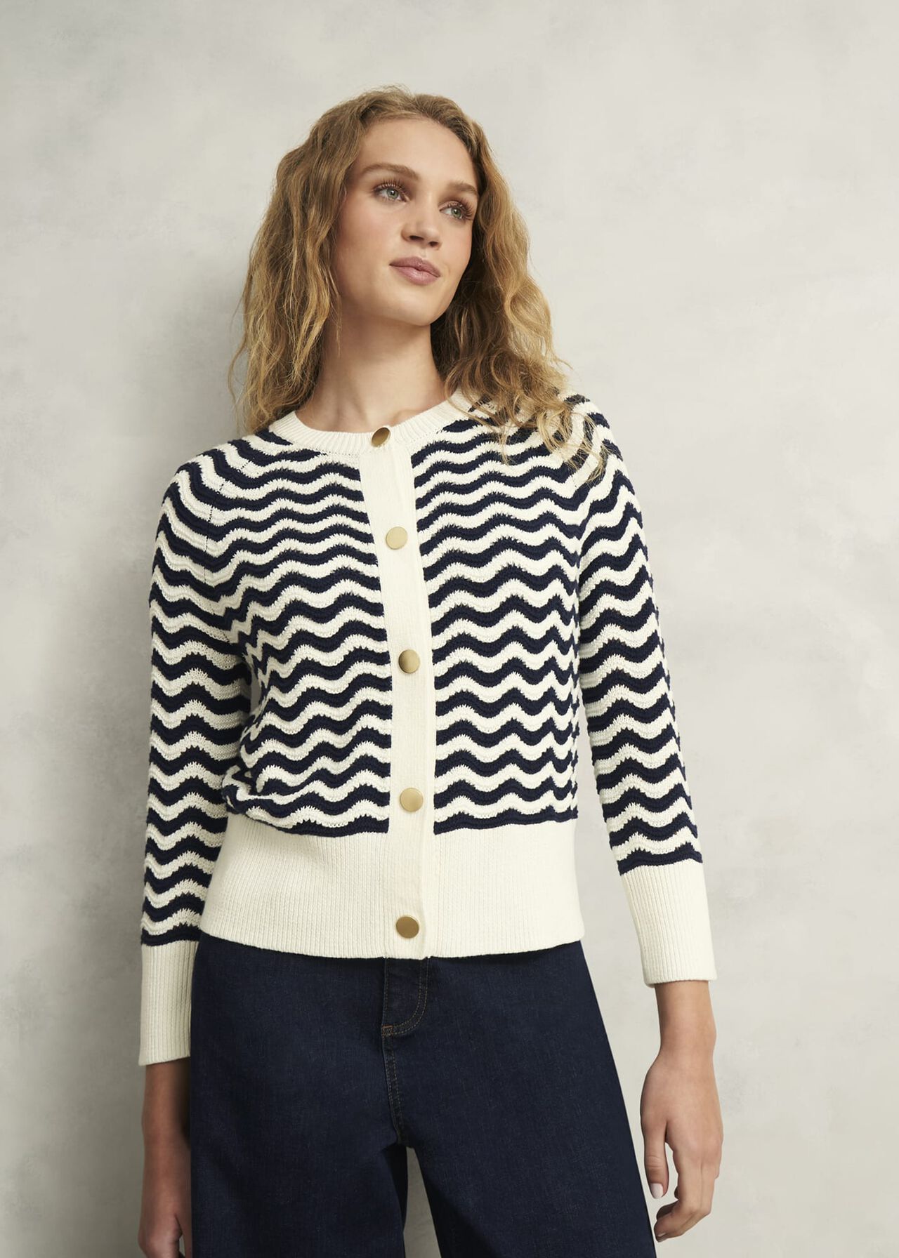 Lulu Cotton Cardigan, Navy Warm Ivory, hi-res