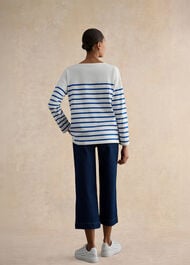 Sian Striped Long Sleeve Cotton Top, Ivory Blue, hi-res