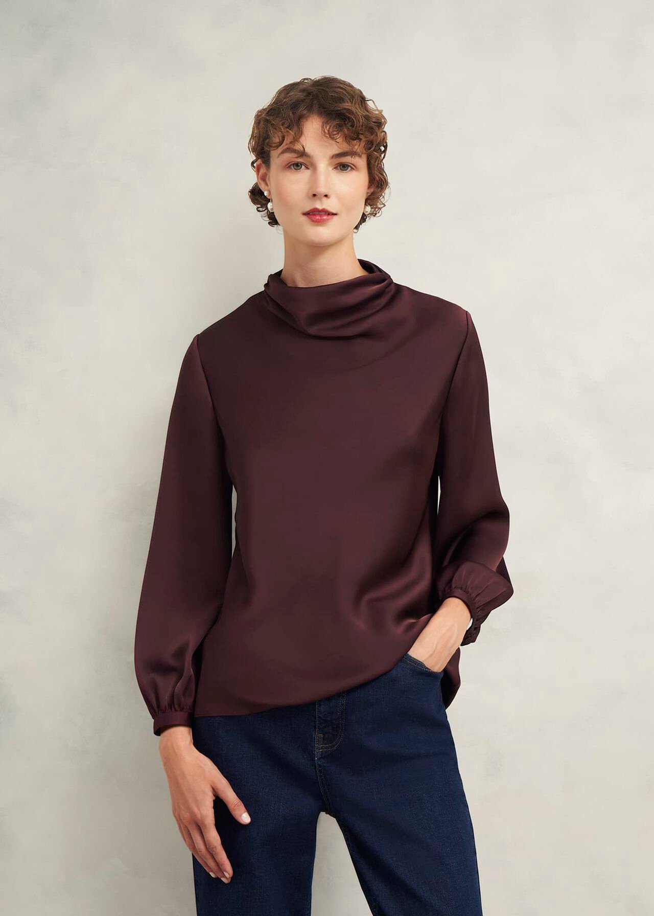 Lulworth Satin Blouse, Cocoa Brown, hi-res