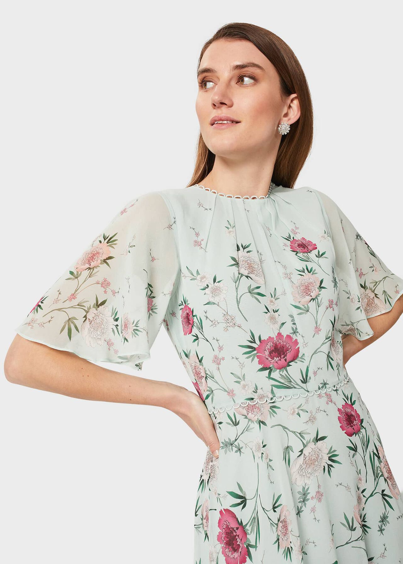Priya Silk Floral Dress, Sage Green Pink, hi-res