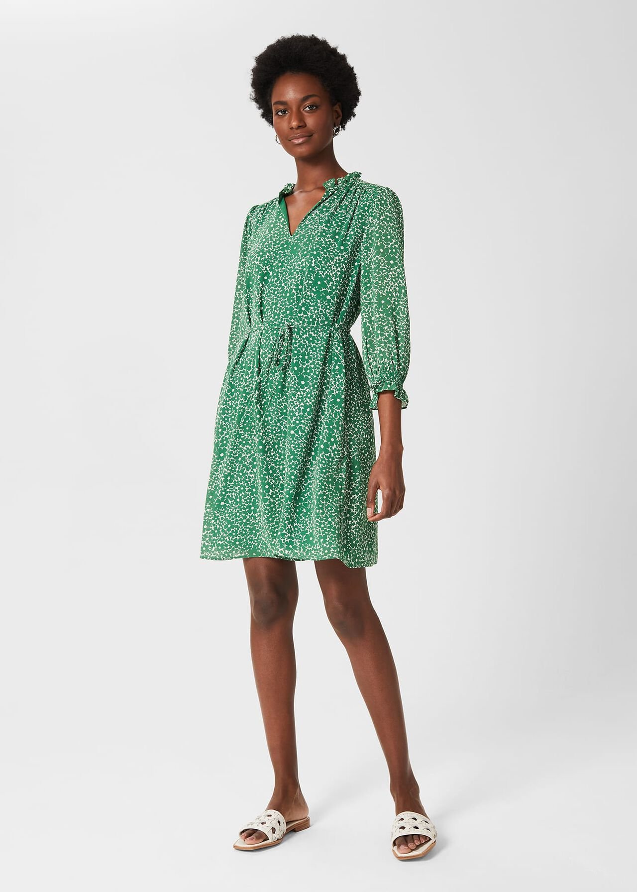 Stefania Belted Dress, Green White, hi-res