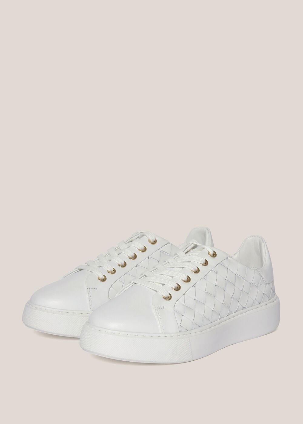 Ada Woven Leather Trainers, White, hi-res